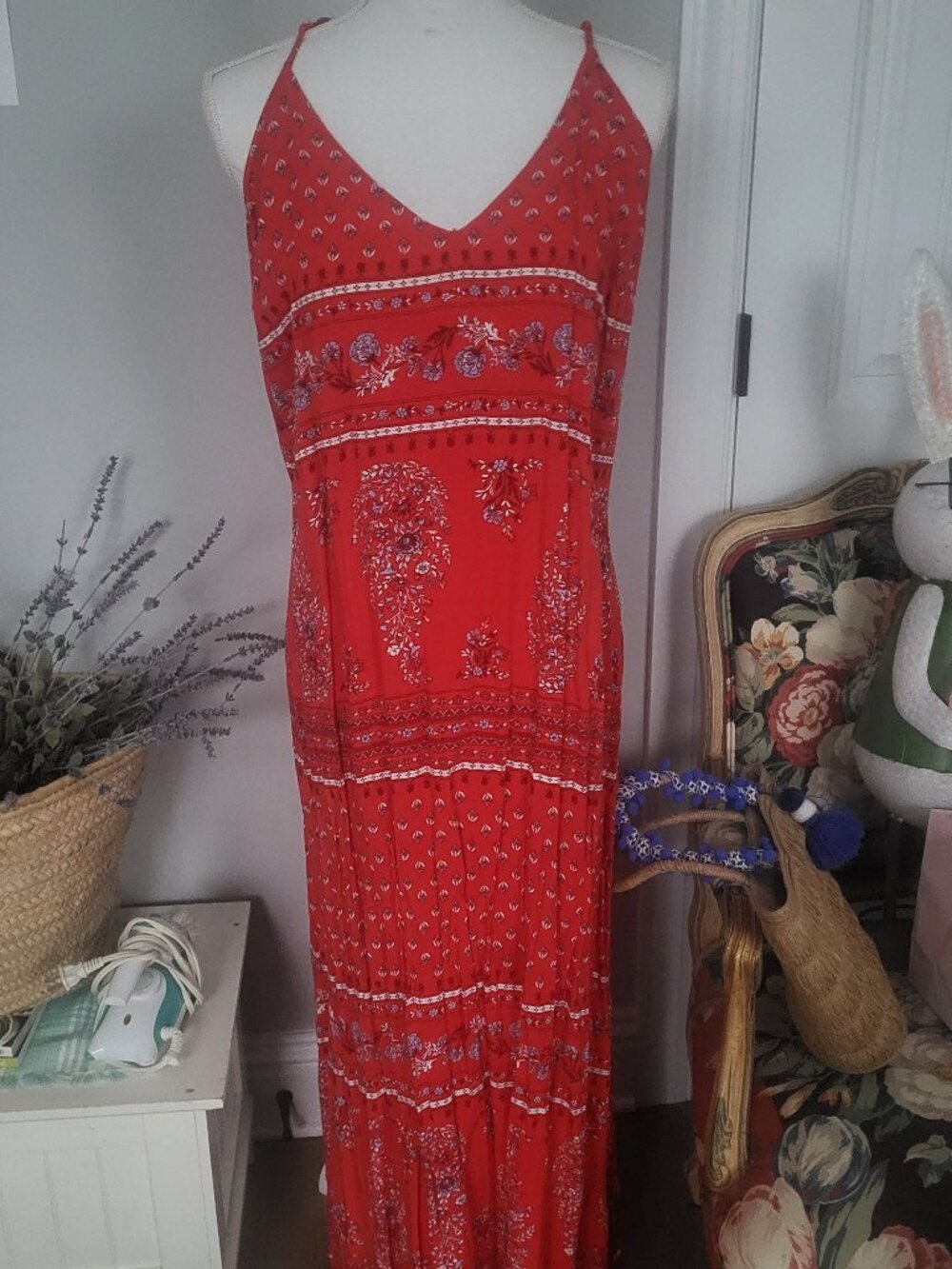 Brand New--Old Navy Red Paisley Maxi Dress with Border Print